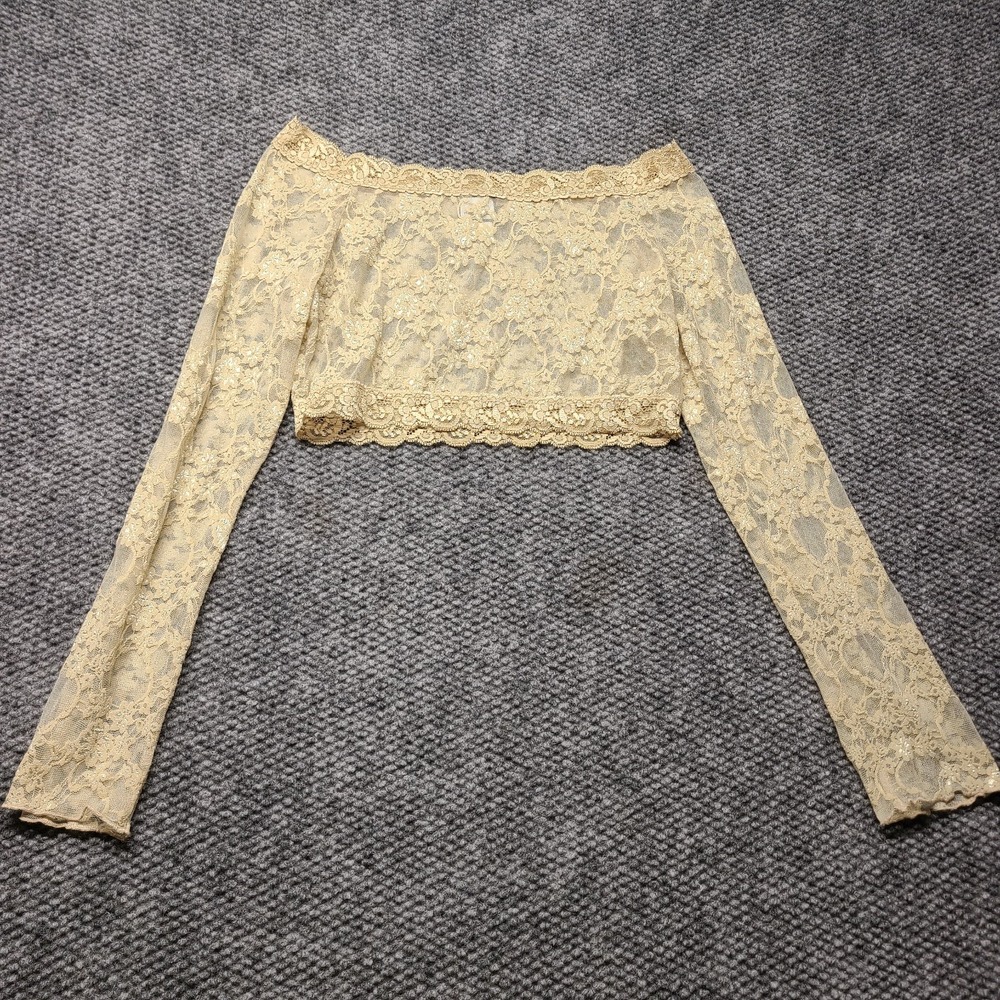 Vintage Agaci Too Cropped Top Womens M Butter Yellow Off The Shoulder Sheer Lace